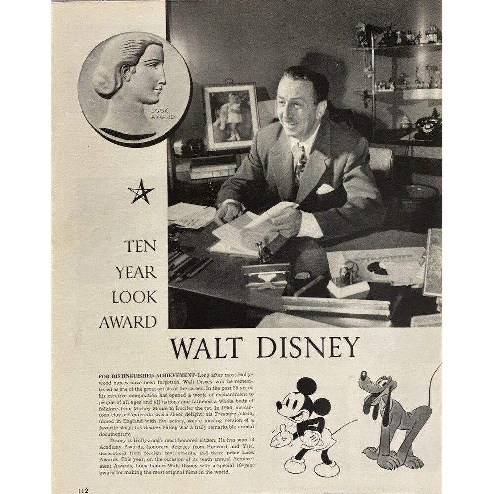 Look Magazine "10 Year Award" WALT DISNEY for Achievement Vintage Print Ad 1951